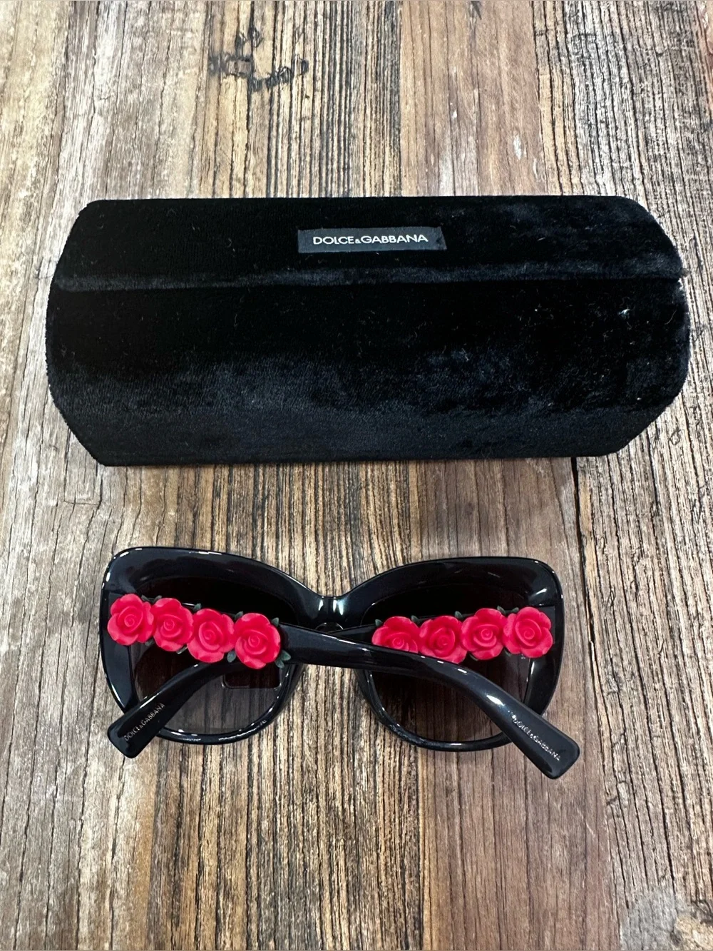 Dolce & Gabbana Black Sunglasses with Red Rose Embellishments